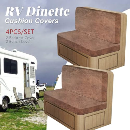 ANARACHON Leather Look RV Dinette Cushion Covers, Stretch Camper Cushion Slipcovers for Travel Trailer Couch RV Booth Seat(2 Backrest Cover & 2 Bench Cover,06 Brown) - color: Saddle Brown, size: 2 Sets