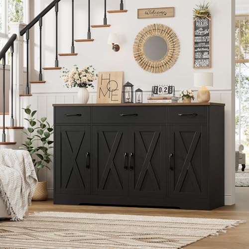 HOSTACK Buffet Sideboard Cabinet with Drawers, 55" Large Buffet Storage Cabinet with Shelves and Doors, Modern Farmhouse Coffee Bar Station for Kitchen, Dining Room, Black/Rustic Brown - color: Black/Rustic Brown