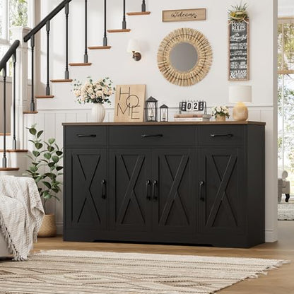 HOSTACK Buffet Sideboard Cabinet with Drawers, 55" Large Buffet Storage Cabinet with Shelves and Doors, Modern Farmhouse Coffee Bar Station for Kitchen, Dining Room, Black/Rustic Brown - color: Black/Rustic Brown