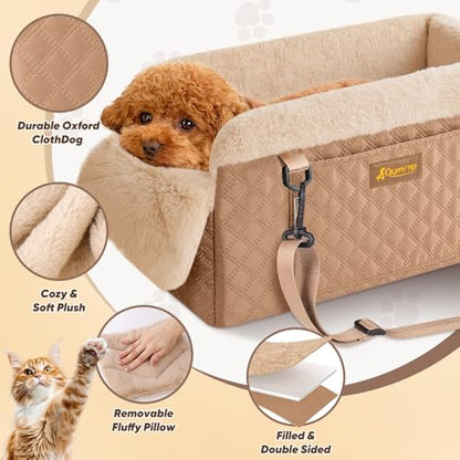 QUMY Dog Car Seats for Small Dogs Up to 11lbs, Portable Center Console Dog Booster Seat, Multi-Purpose Puppy CarSeat with Adjustable Safety Belt, Travel Pet Car Carriers for Small Dogs and Cat, Khaki - color: Khaki