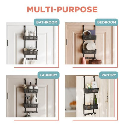 Zenna Home SnugFit Over the Door Caddy Organizer with 2 Storage Baskets and 4 Hooks, Over Door Hanging Organizer for Bathroom, Kitchen, Bedroom, Closet, Easy to Install, No Drilling, Black