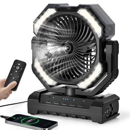 20000mAh Portable Misting Fan, USB Rechargeable Camping Fan with LED Light, Battery Operated for Outdoor, Tents, Beach, Travel - 250mL Water Tank & Hook Included, Black. - color: Black