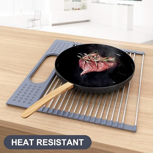 LEMIKKLE 17" x 15" Roll Up Dish Drying Rack Over The Sink Dish Drying Rack,Multi-Purpose Kitchen Rolling Dish Drainer Foldable SUS304 Stainless Steel Dish Drying Rack - color: Grey (for Size 17" X 15")