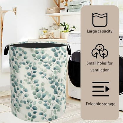 Sage Green Plant Large Clothes Hamper Bag - Laundry Basket with Handles, Space Saving Foldable Design for Nursery - color: Sage Green Plant