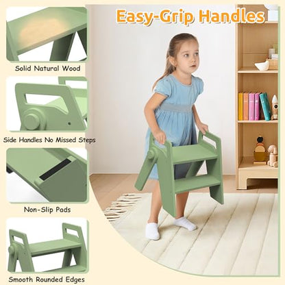 Wooden 2 Step Stool for Toddler Kids Bathroom Foldable 2-Step for Toilet Potty Training, Child Stepping Stool for Kitchen Nursery Bedroom Green - color: Green