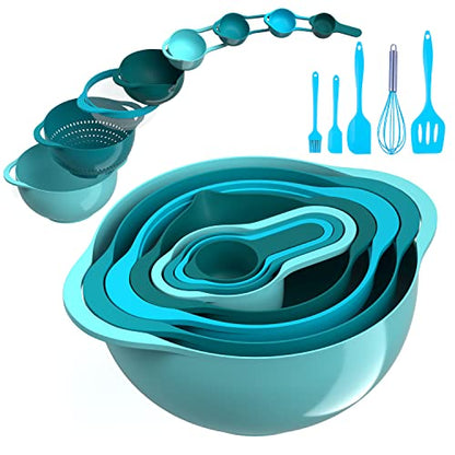13 Pcs Mixing Bowls Set, RV Camping Accessories Set, Apartment Kitchen Gadget Easy Storage, Inculding Measuring Cups Colander Sifter Large Bowl Whisk Scraper, Great for Cooking and Baking, No BPA - color: Blue Cyan-1