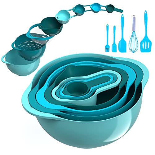 13 Pcs Mixing Bowls Set, RV Camping Accessories Set, Apartment Kitchen Gadget Easy Storage, Inculding Measuring Cups Colander Sifter Large Bowl Whisk Scraper, Great for Cooking and Baking, No BPA - color: Blue Cyan-1