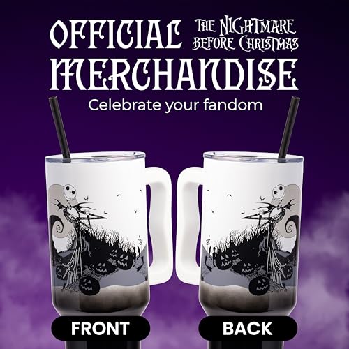 Silver Buffalo Disney Nightmare Before Christmas by Tim Burton Jack Skellington Hill and Moon Double Walled Stainless Steel Tumbler with Handle and Straw, Fits in Standard Cup Holder, 40 Ounces - color: Nightmare Before Christmas Hill and Moon Scene