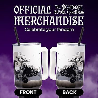 Silver Buffalo Disney Nightmare Before Christmas by Tim Burton Jack Skellington Hill and Moon Double Walled Stainless Steel Tumbler with Handle and Straw, Fits in Standard Cup Holder, 40 Ounces - color: Nightmare Before Christmas Hill and Moon Scene