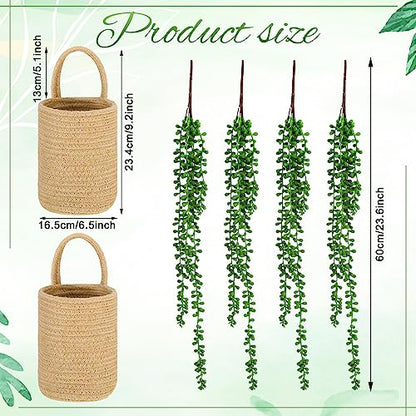 Umigy 2 Pack Wall Hanging Rope Baskets with 4 Pcs Faux Strings of Pearls Plant Jute Hanging Basket with Artificial Succulents for Porch Living Room Bedroom Entryway Patio Outdoor Decoration