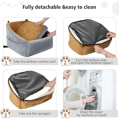 NEEZUKAR Dog Car Seat for Small Medium Dogs,Detachable Washable Dog Booster Seat Under 30lbs, Pet Car Seat Travel Bed with Storage Pockets and Dog Safety Belt(Grey/Brown) - color: Grey/brown
