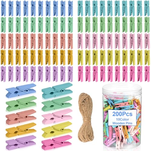 200Pcs Mini Clothes Pins Wooden Colored Small Clothespins Photo Pegs Craft Pictures Clips with Jute Twine Tiny Wood Decorative Clips for Photo Wall Home School Party Arts Projects DIY Decor (Pastel) - color: Pastel