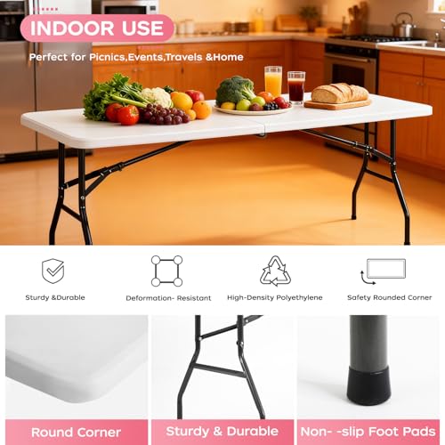 FDW 8FT Folding Table, Portable Fold-in-Half Plastic Picnic Party Table with Carrying Handle (White, 8FT) - color: White, size: 8 FT 94"x29"