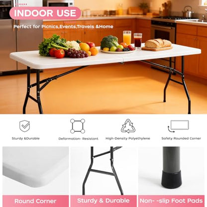 FDW 8FT Folding Table, Portable Fold-in-Half Plastic Picnic Party Table with Carrying Handle (White, 8FT) - color: White, size: 8 FT 94"x29"