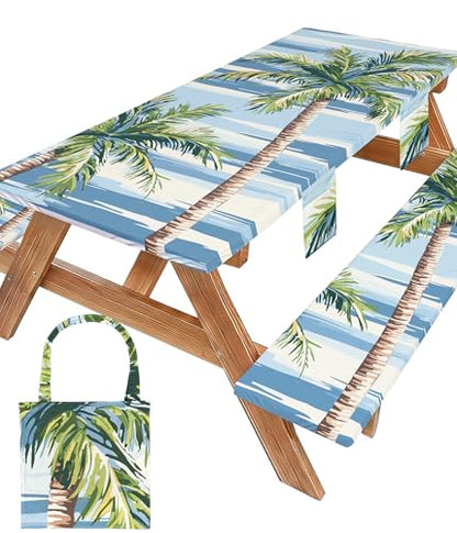 Picnic Table Cover with Bench Covers Waterproof Elastic Rectangle Reusable Folding Tablecloth Manteles Mantelería Camping Essentials Rv Car Travel Supplies Table Cloth Outdoor Road Trip Camper Gifts - color: Blue Green Coconut Tree, size: 96in