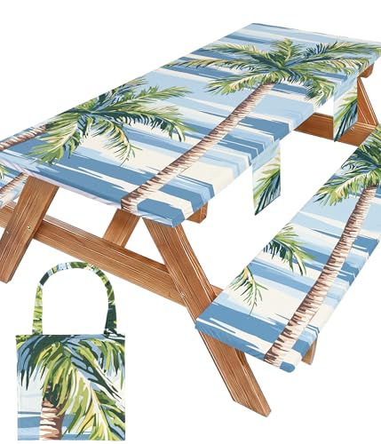 Picnic Table Cover with Bench Covers Waterproof Elastic Rectangle Reusable Folding Tablecloth Manteles Mantelería Camping Essentials Rv Car Travel Supplies Table Cloth Outdoor Road Trip Camper Gifts - color: Blue Green Coconut Tree, size: 96in