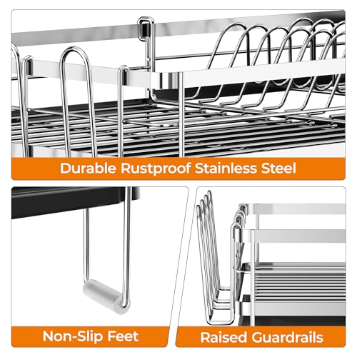 Delamu Stainless Steel Dish Drying Rack, Expandable Dish Drainer, Anti-Rust Large Dish Racks for Kitchen Counter, Dish Strainers with Drainboard, Utensil & Cup Holder, 13.4"-28.7" L x 11.8" W, Silver - color: Silver