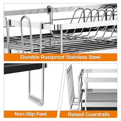Delamu Stainless Steel Dish Drying Rack, Expandable Dish Drainer, Anti-Rust Large Dish Racks for Kitchen Counter, Dish Strainers with Drainboard, Utensil & Cup Holder, 13.4"-28.7" L x 11.8" W, Silver - color: Silver
