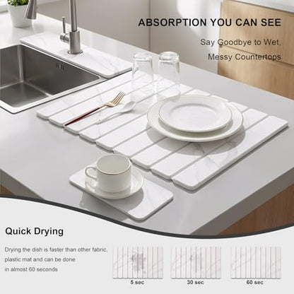 3 PCS Large Stone Dish Drying Mat for Kitchen Counter, Quick Dry Stone Dishes Mats, Sink Faucet Mat, Marble Water Absorbing Diatomaceous Earth Drying Pad for Countertop Tableware, Bottles - color: White Grey Marble