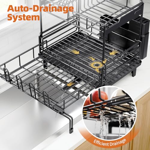 Urackify Dish Drying Rack - Extendable Dish Drainer, Large Dish Rack for Kitchen Counter, Rustproof Dish Strainer with Utensil Holder and Cups Holder, 2 Tier Black