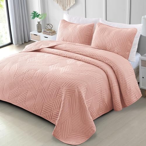 Exclusivo Mezcla Ultrasonic Twin Quilt Bedding Set, Lightweight Blush Pink Bedspreads Soft Modern Geometric Coverlet Set for All Seasons (1 Quilt and 1 Pillow Sham) - color: Blush Pink, size: Twin (68"x88")