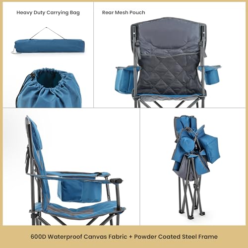 ARROWHEAD OUTDOOR 2-Pack Portable Deluxe Folding Camp Quad Chair w/Headrest, Glass & Cup Holders, Armest 6-can Cooler, Heavy Duty Carry Bag, 550 lbs Weight Capacity - color: Blue 2pack