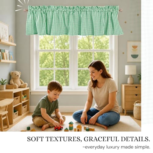 Mini Gingham Check Valance Curtains, 2 Pack, 54x18 Inches, 100% Cotton Rod Pocket Kitchen Window Valances for Farmhouse, Café, Bedroom, Bathroom and Living Room - Lemon Green - color: Lemon Green, Gingham, size: 18"W x 54"L (Pack of 2)