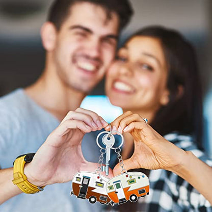 Thinp 2 Pieces Camper Keychain, RV Camper Keyring Accessories for Travel Trailers Enameled Metal Retro Camping Car Keychain - color: Yellow+brown