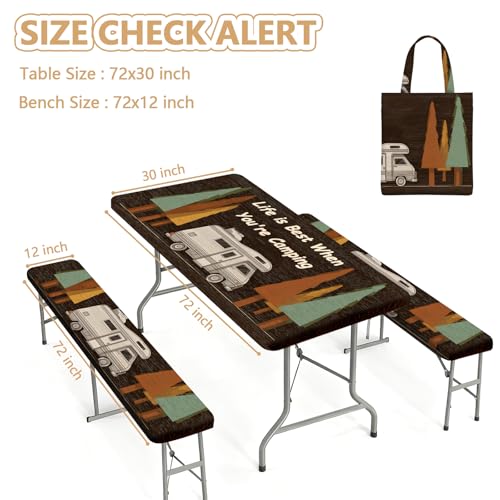 Picnic Table Cover with Bench Covers Elastic Edges, Outdoor Patio Camping Essentials 72 Inch 3PCS, Waterproof Camping Fitted Tablecloth with Handbags (Life is Best When You're Camping) - color: Wooden Camping Trailer, size: 72" x 30" (Rectangular)
