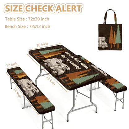 Picnic Table Cover with Bench Covers Elastic Edges, Outdoor Patio Camping Essentials 72 Inch 3PCS, Waterproof Camping Fitted Tablecloth with Handbags (Life is Best When You're Camping) - color: Wooden Camping Trailer, size: 72" x 30" (Rectangular)
