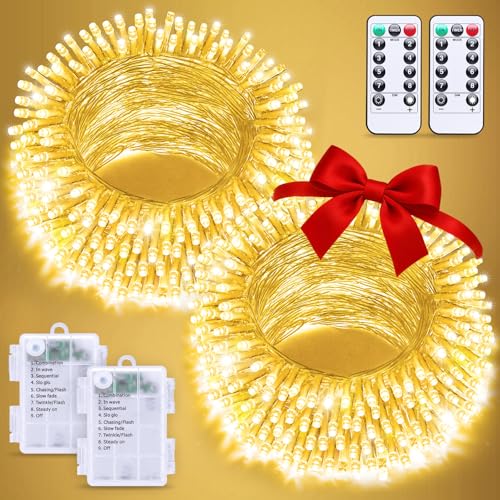 JMEXSUSS 2 Pack Outdoor String Lights Battery Operated, Total 66ft 200 LED Fairy Lights with Remote, Warm White Christmas Lights for Bedroom Classroom Dorm Indoor Yard House Tree Porch Party Holiday - color: Warm White, size: 2*100LED