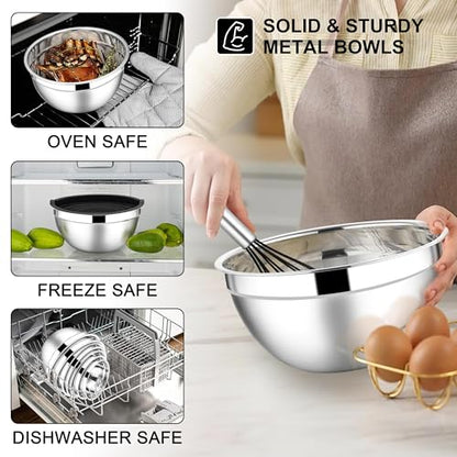 E-far Mixing Bowls with Lids Set, 21PCS Stainless Steel Salad Mixing Bowls with 3 Grater Attachments, Size 7, 4.6, 3.5, 2.6, 2, 1.5, 1QT, Nesting Design & Black Airtight Lid, For Baking/Prepping - color: Black, size: 7 Large Sizes