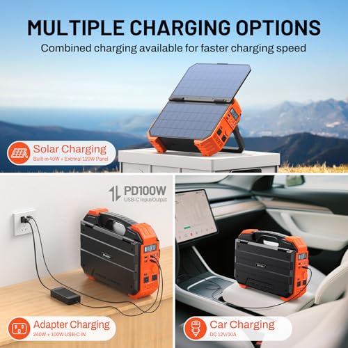 BROWEY 1600W (3200W Peak) Portable Power Station, 1024Wh LiFePO4 Battery with Built-in Solar Panel, 100W USB-C PD, Solar Generator for Camping, RV, Home Backup, Emergency - style: S1600 Orange