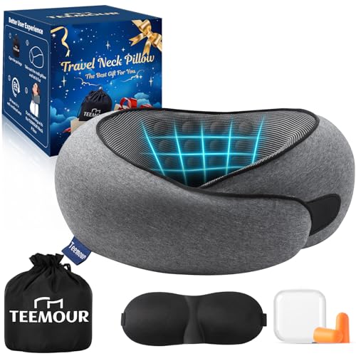Travel Pillow Memory Foam Neck Pillow for Airplanes Long Flight Comfort 360° Support Airplane Pillow Design for Car Rides, and Home Use Travel Essentials, with Eye Mask, Earplugs and Storage Bag Large - color: Dark Grey (Large Size)