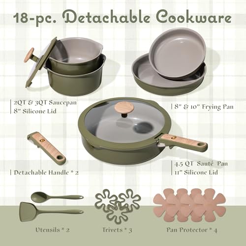 CAROTE 18 Pcs Ceramic Cookware Set Detachable Handle, Non Toxic Pots and Pans Set Non Stick, Induction Kitchen Cookware Removable Handles, Oven Safe, Stackable RV/Camping Cooking Set, Green - color: Green