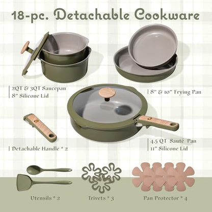 CAROTE 18 Pcs Ceramic Cookware Set Detachable Handle, Non Toxic Pots and Pans Set Non Stick, Induction Kitchen Cookware Removable Handles, Oven Safe, Stackable RV/Camping Cooking Set, Green - color: Green