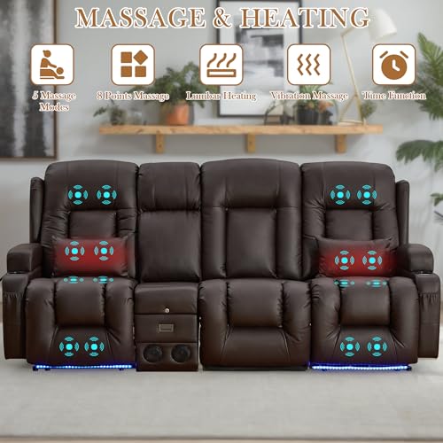 TUNYI Power Loveseat Recliner Sofa with Massage & Heat Home Theater Seating with Console RV Recliner Loveseat Sofa with USB/Storage/Side Pocket/LED Light/Speaker (Brown, 3 Seat with Console) - color: Brown, size: 3 Seat with console