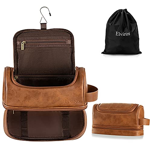 Elviros Toiletry Bag for Mens PU Leather Travel Organizer Kit with Hanging hook, Large Water-resistant Toiletries Bathroom Shaving Bags, Gift For Men (Brown) - color: Brown, size: Large (Pack of 1)