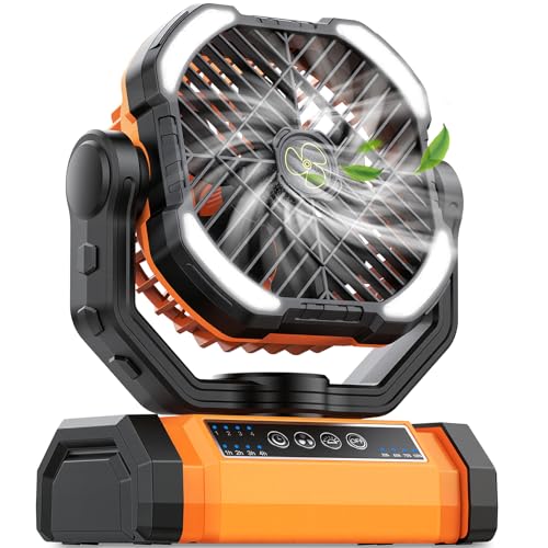 Camping Fan Rechargeable, Large Capacity Battery Powered Fans, 270° Adjustable Rechargeable Fan Portable with LED Light, 4 Speed Cordless Battery Operated Fans with Hanging Hook for Tent Beach Outdoor - color: Orange