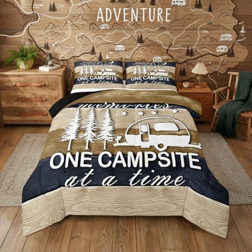 Kids Camper Comforter Set Queen, Happy Camping Bedding Rv Decorations For Inside Camper Quilt, Teens Rustic Farmhouse Bedding Comforter Sets For Travel Trailers Vintage Wooden Planks Quilted Duvet - color: Multi 91, size: Queen