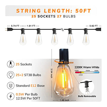 Achin Outdoor String Lights - 50ft LED Dimmable ST38 Warm Edison String Lights, Waterproof, Shatterproof, Connectable, Patio, Pergola, Bistro, Garden, Wedding, 2 Year Warranty - color: ST38-Black-2200K, size: 50FT 25 Bulbs