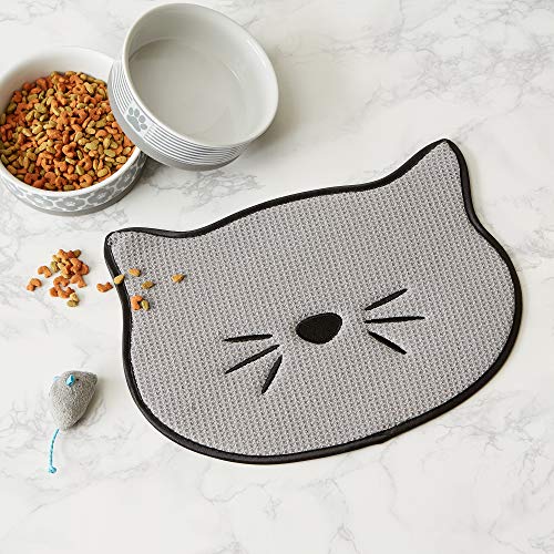 Bone Dry Embroidered Microfiber Cat Shape Pet Food & Water Placemat-Gray - color: Cat Whiskers Gray, size: 9.8"L x 13.5"W