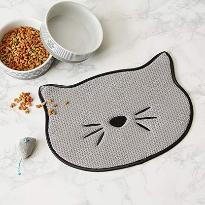 Bone Dry Embroidered Microfiber Cat Shape Pet Food & Water Placemat-Gray - color: Cat Whiskers Gray, size: 9.8"L x 13.5"W