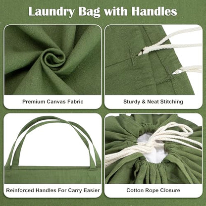 Canvas Laundry Bags with Handles & Square Base 13.8"Wx13.8"Dx27.6"H, Large Heavy Duty Laundry Basket Hamper Liner, College Dorm Washable Drawstring Canvas Dirty Clothes Bag (Army Green) - color: Army Green | Square Base, size: 13.8"Wx13.8"Depthx27.6"H