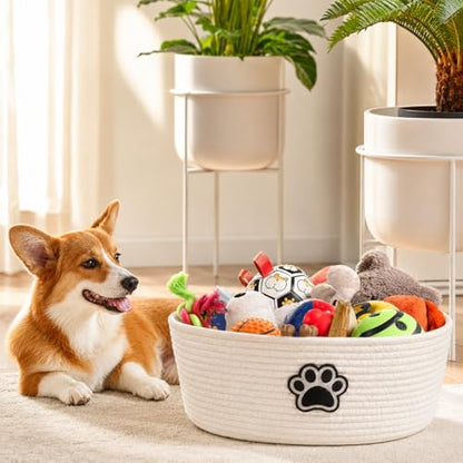 Woven Basket,Dog Toys Basket with Handle,Cute Cotton Gift Baskets Empty for Puppy Leash,Blanket Food, Accessories Pet and Household Storing - color: White