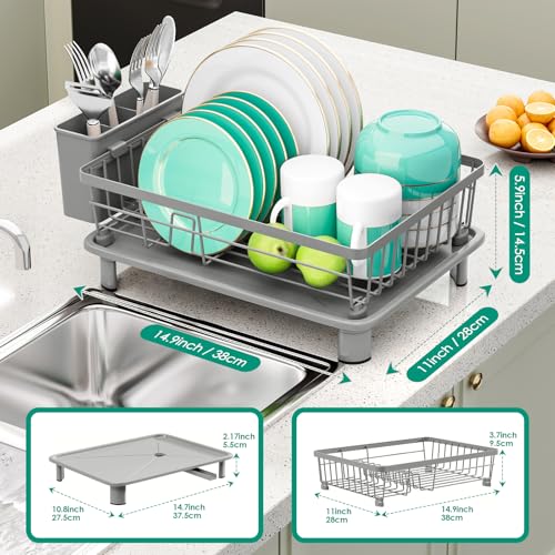 GAOKASE Dish Drying Rack, Stainless Steel-Dish Rack, Dish Racks for Kitchen Counter, Kitchen Dish Drainers with Removable Utensil Holder,New Drain Outlet,Plate Rack and Drainboard,(gray-11 W x 15" L) - color: Gray