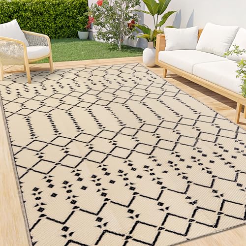 Smiry Outdoor Rug 9x12 ft, Waterproof Reversible Plastic Straw Rugs, Boho Outdoor Area Rug, Outside Floor Mat for Patio, Backyard, Deck, Picnic, Beach, Camping, Beige - color: Beige, size: 9' X 12' (Rectangular)