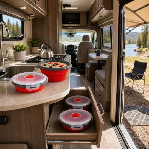 Guyuyii 4 Pack Food-Grade Silicone Collapsible Bowls with Lids for Camping | BPA-Free Round Nesting Set for RV Travel, Hiking, and Outdoor Recreation Activities | Microwave, Freezer, Dishware Safe - color: red