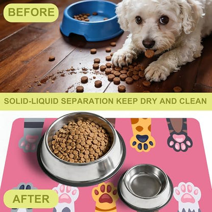 Cat Food Mat Pet Feeding Mat Paw 12" X 20" Non-Slip Super Absorbent, Dog Food Mat Pet Supplies for Floor (Pink) - color: Pink