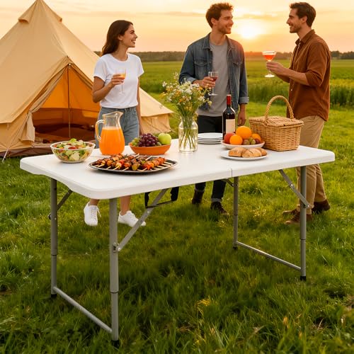 FDW 4FT Folding Table, Portable Fold-in-Half Plastic Picnic Party Table with Carrying Handle (White, 4FT)